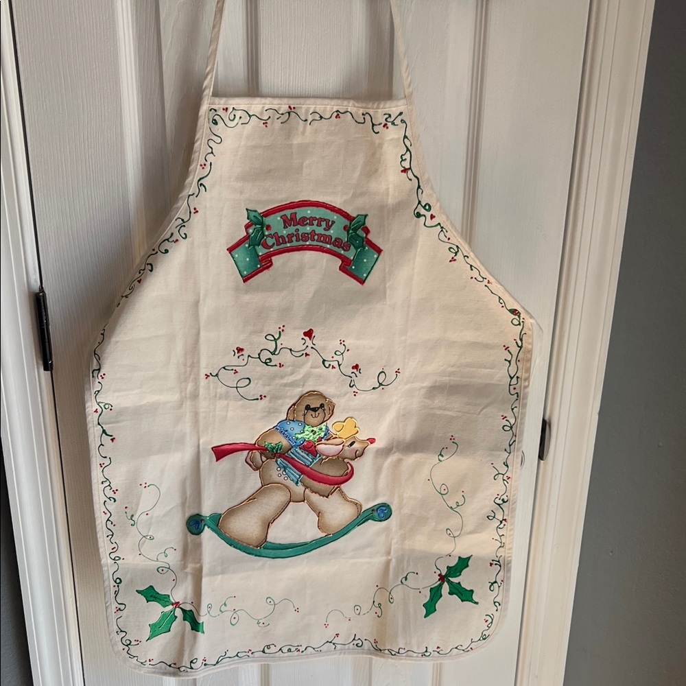 Christmas Teddy Bear Apron - Cream, Red & Green